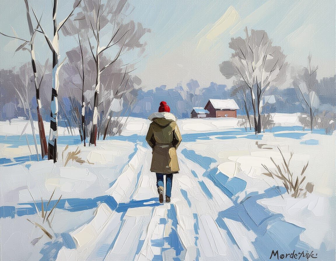 Impasto Painting of a Lone Figure in Winter