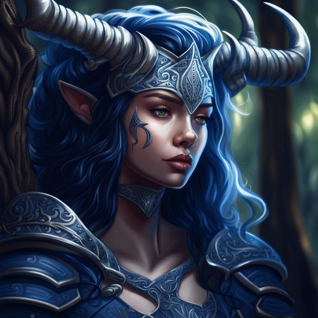 Knight Lady with Horns in Forest, Digital Art