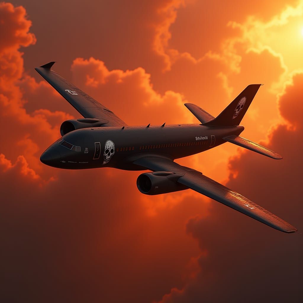 Skull Airplane Soaring Through Fiery Sky