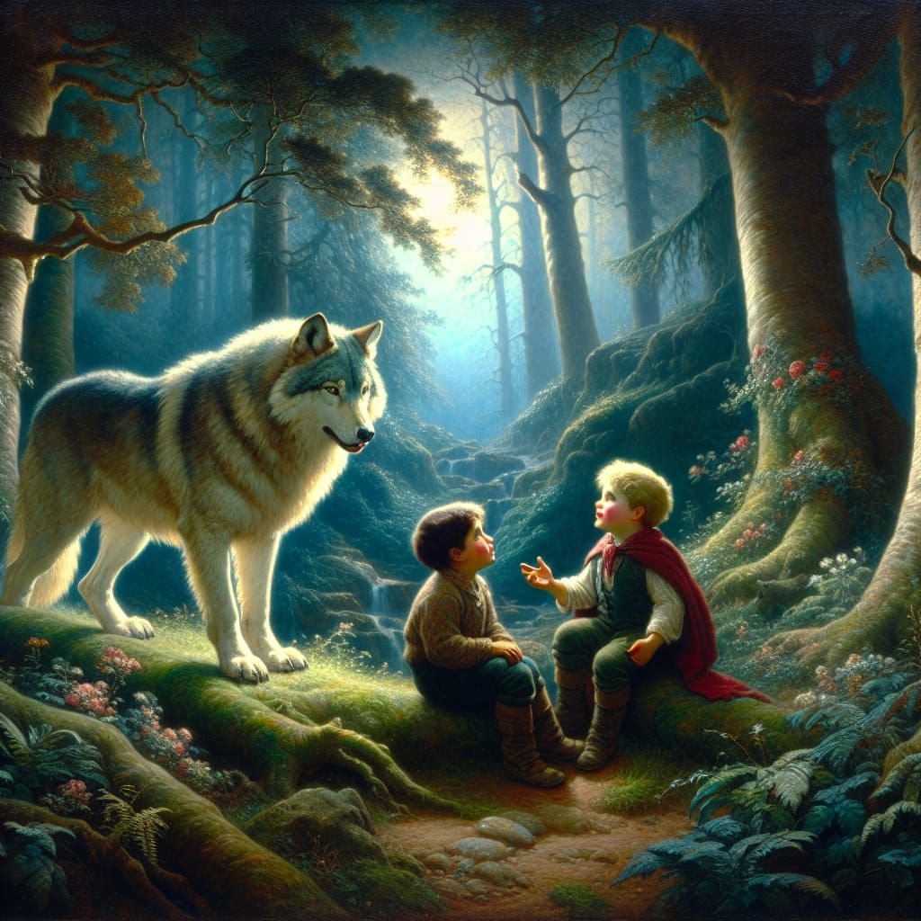 Boys and Wolf in Mystical Forest, Folkloric Illustration