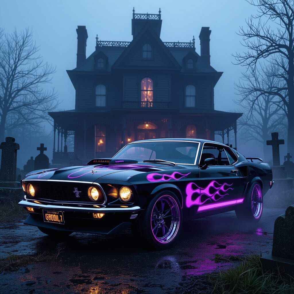 Gothic Ford Mustang Parked at Haunted Mansion