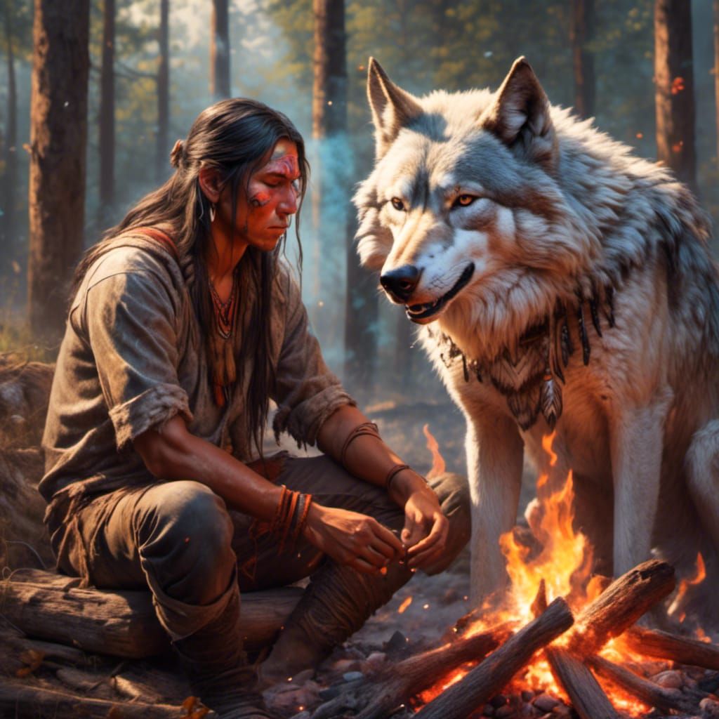 Native American Man and Wolf by Campfire