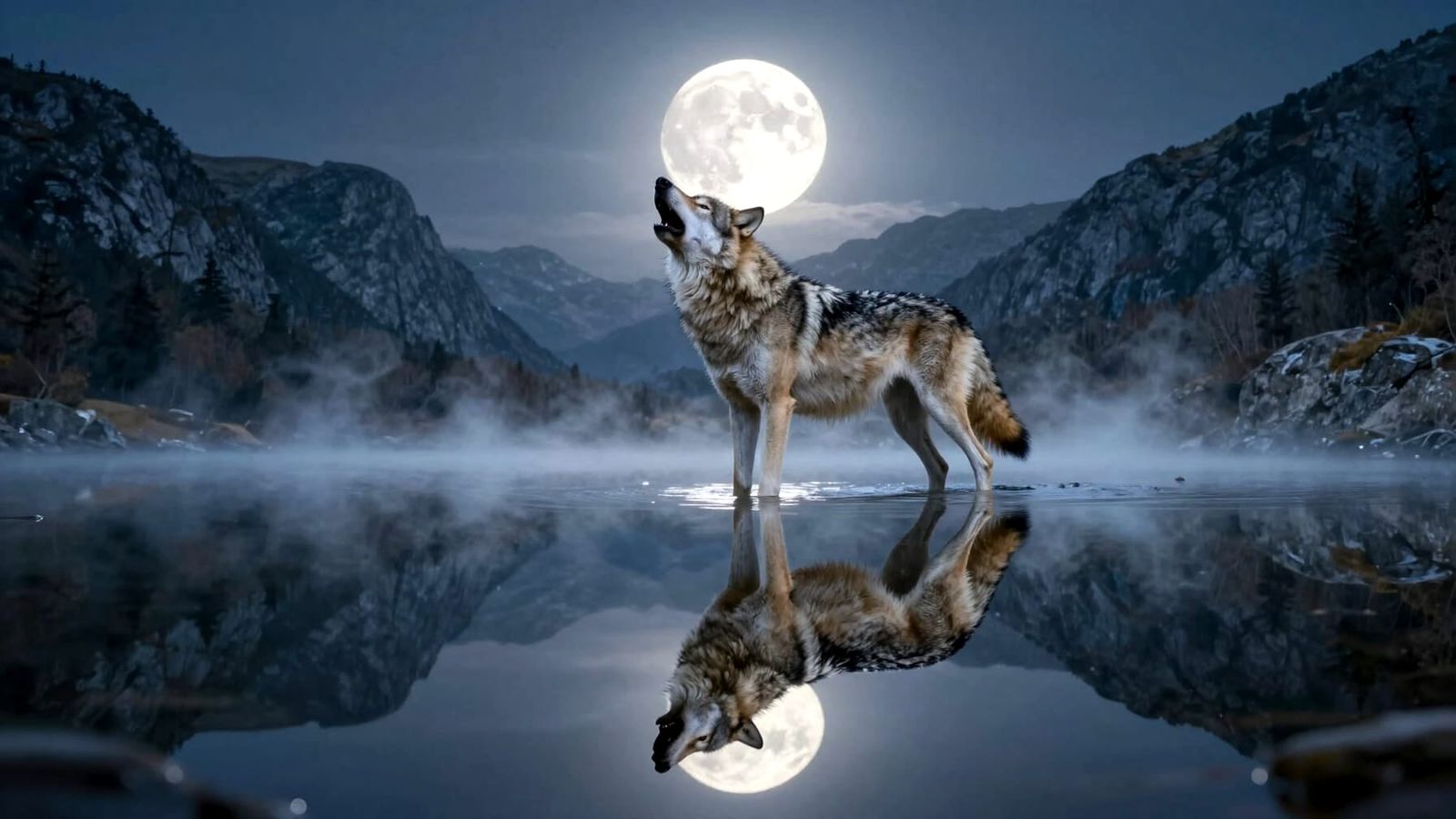 Symmetrical Wolf Howling at Full Moon Over Mountain Lake