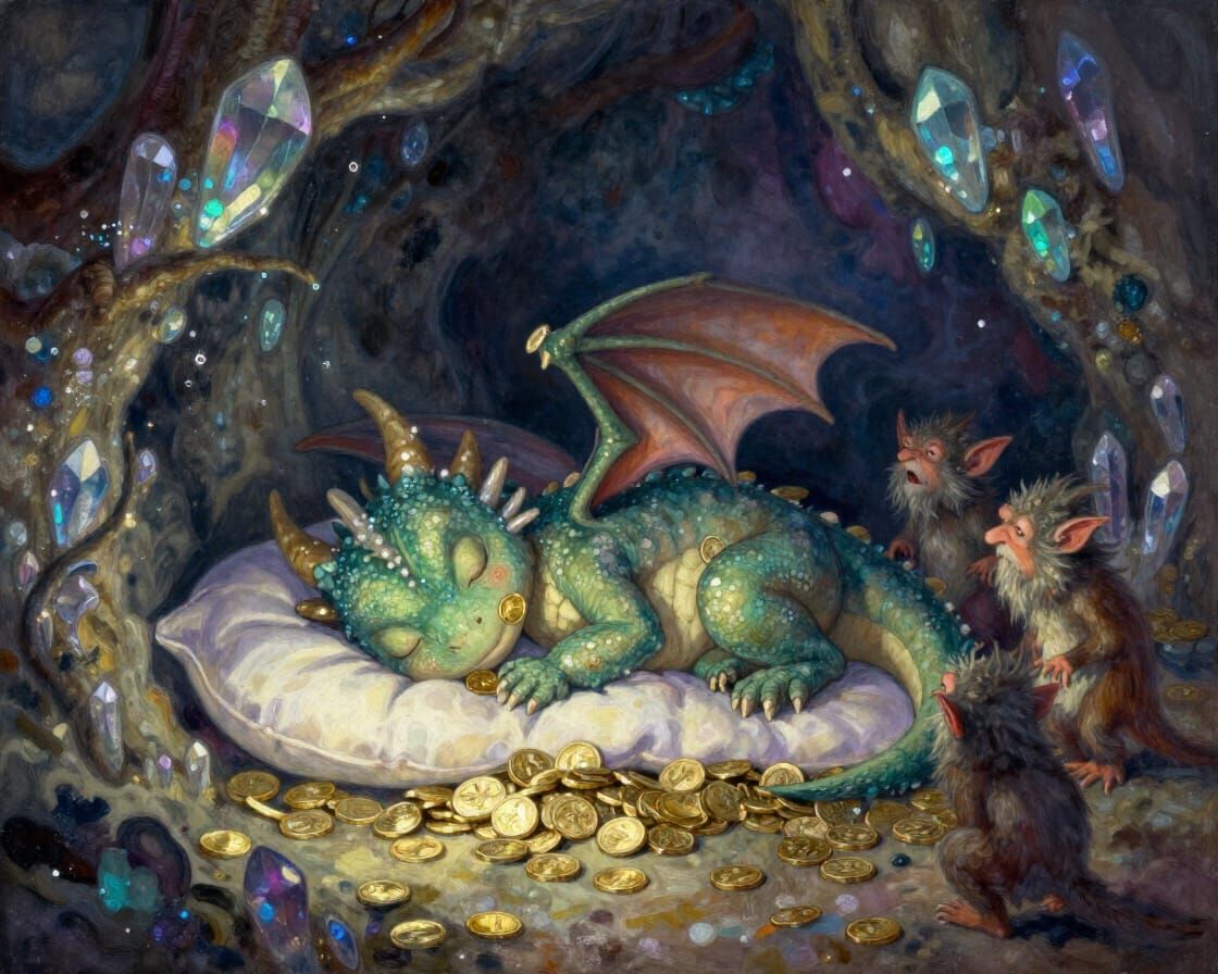 Baby Dragon Sleeps on Gold in Crystal Cavern, Gouache Style