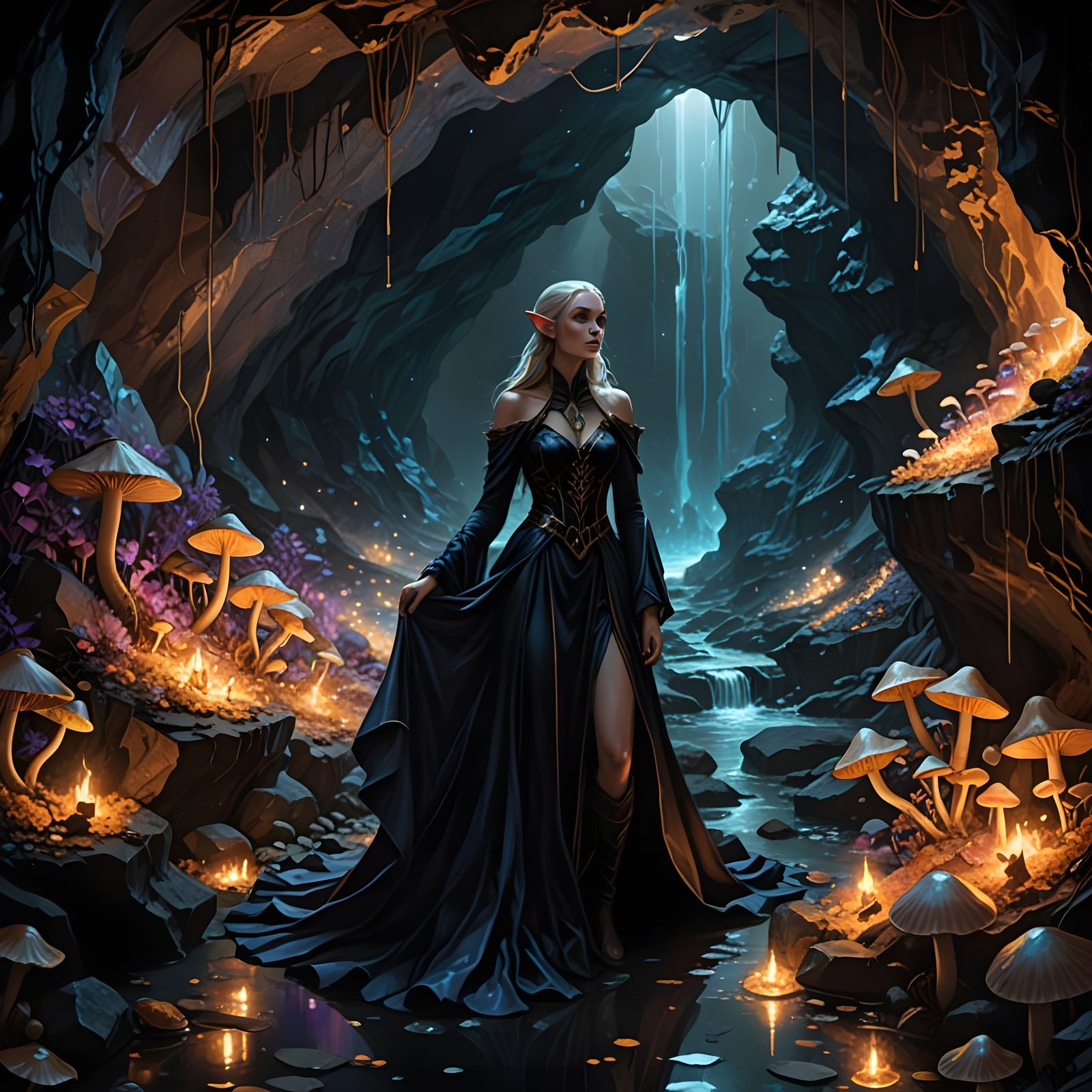 Dark Fantasy Elf in a Mystical Cave
