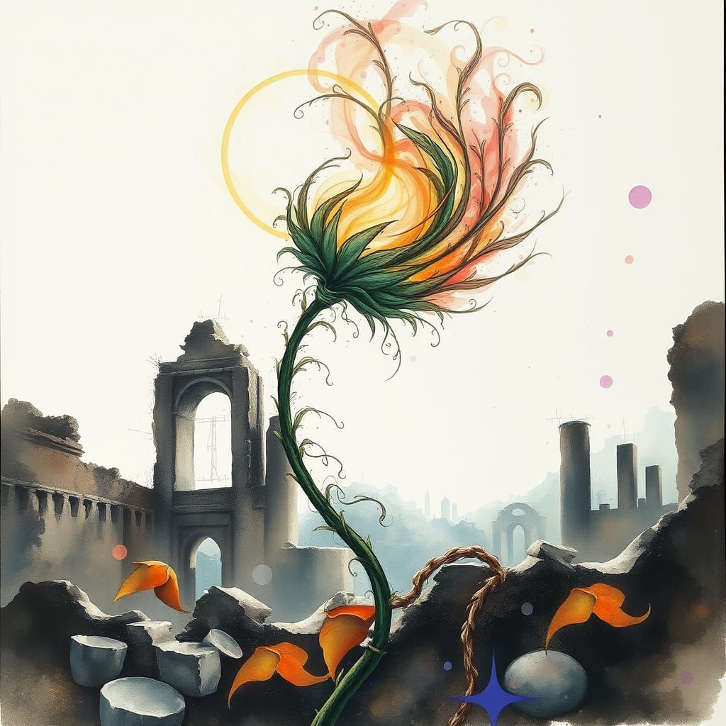 Ethereal Flower Amidst Ancient Ruins in Dreamlike Watercolou...