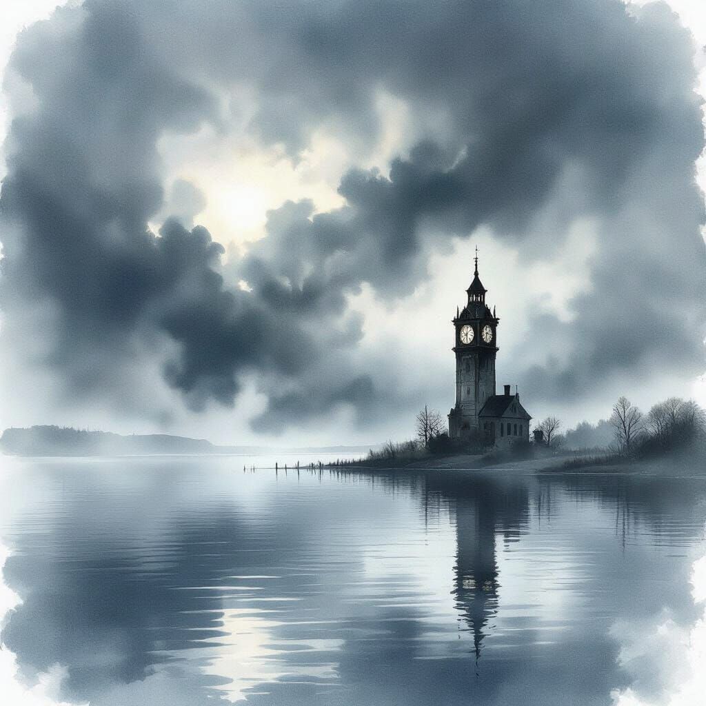 Gloomy Lake and Clocktower Under Stormy Skies
