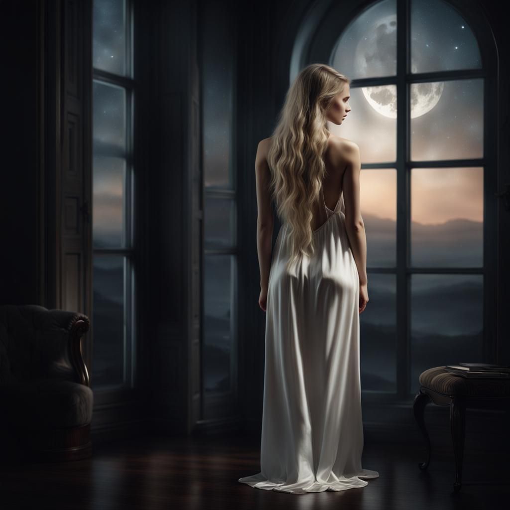 Moonlit Portrait of Woman in Silk Nightgown