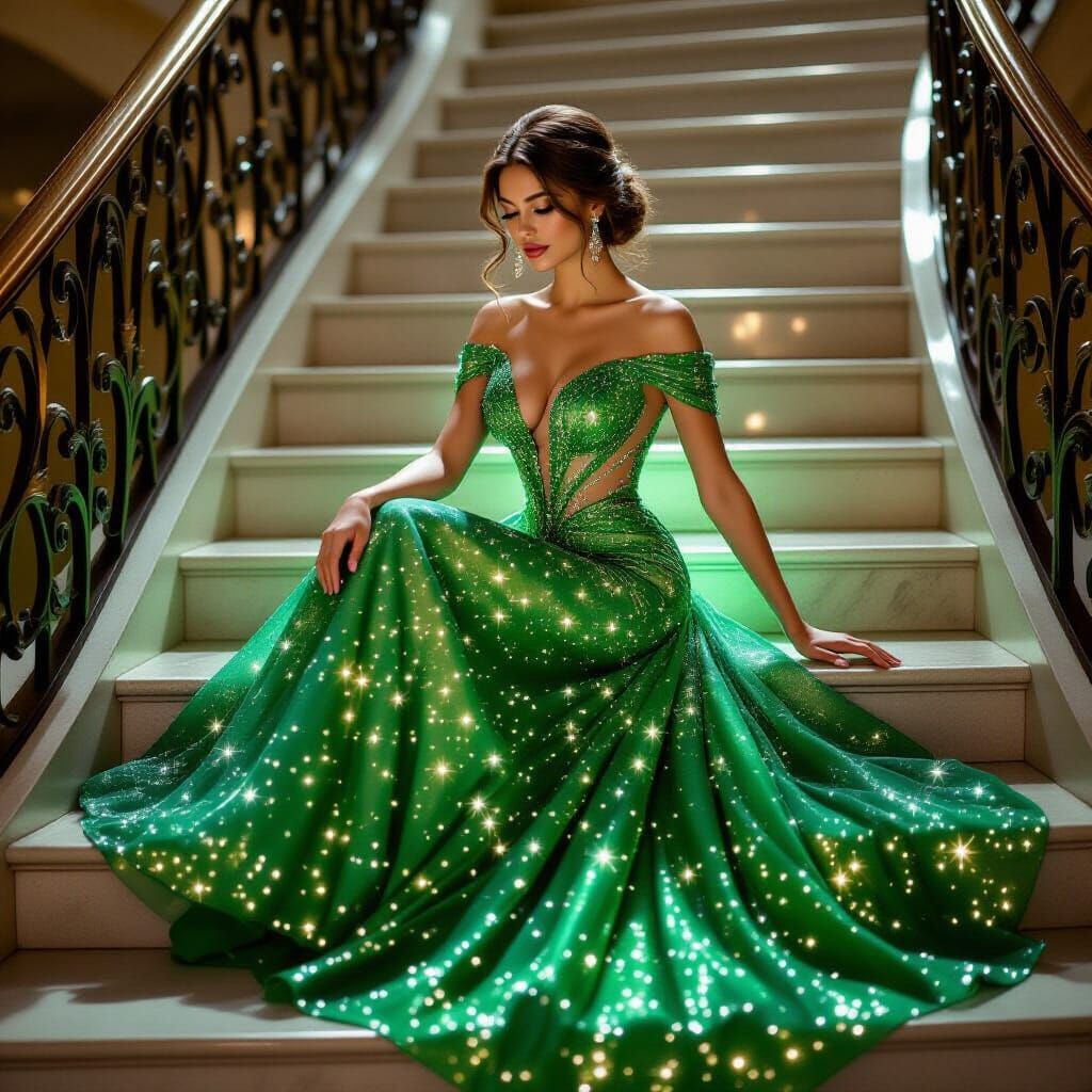 Woman in Glowing Green Gown on Grand Staircase