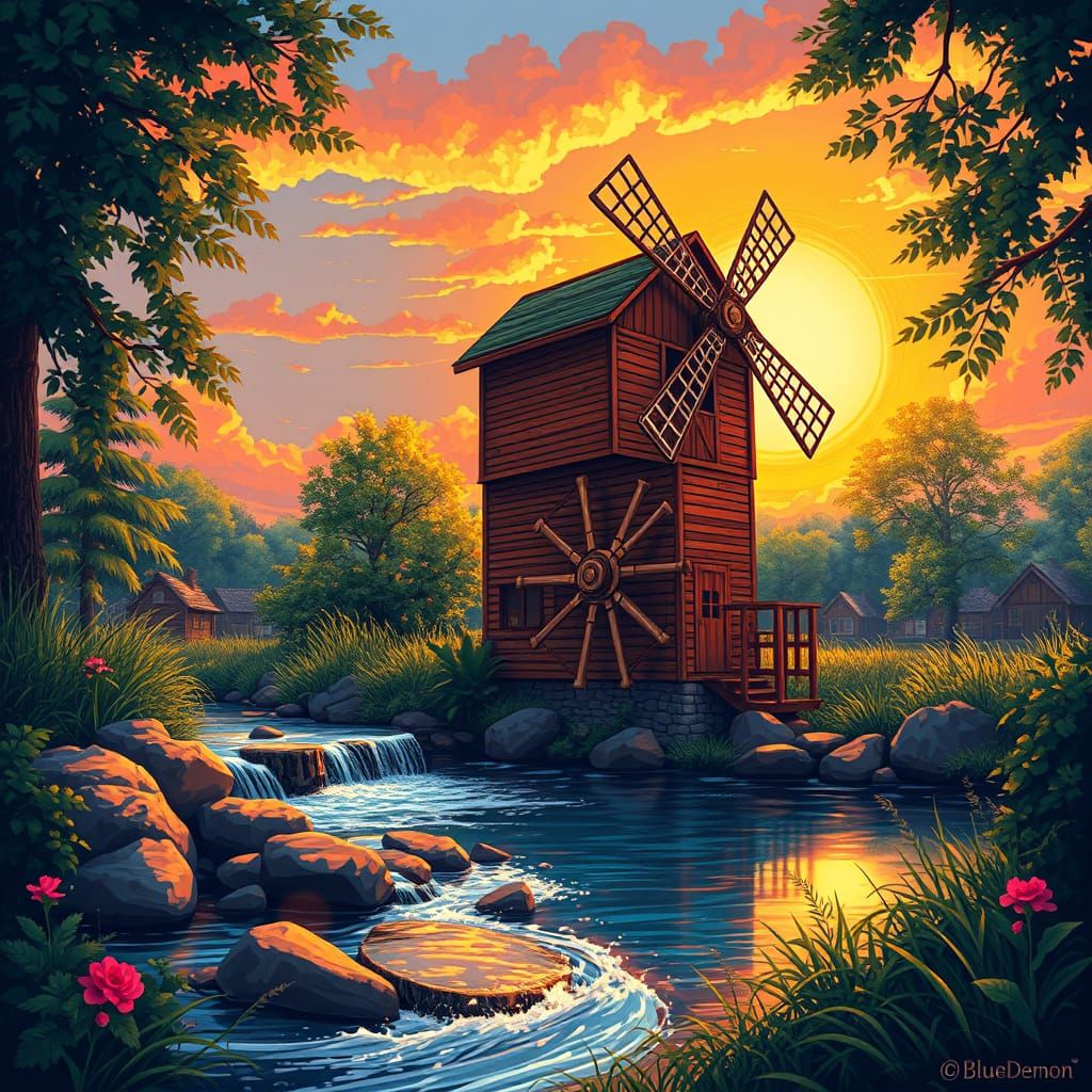 Vibrant Watermill Under Sunset Sky in Digital Art