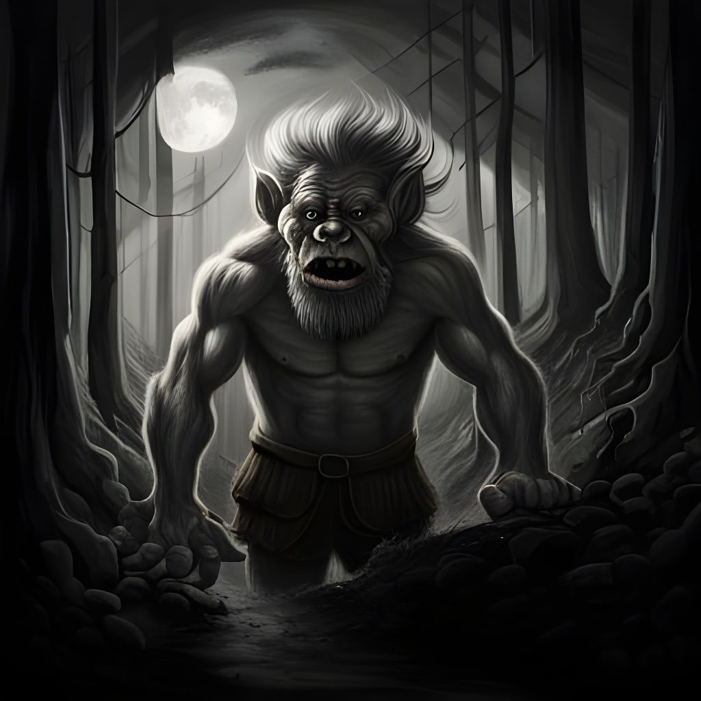 Anxious Norwegian Troll in Dark Forest: Charcoal Drawing