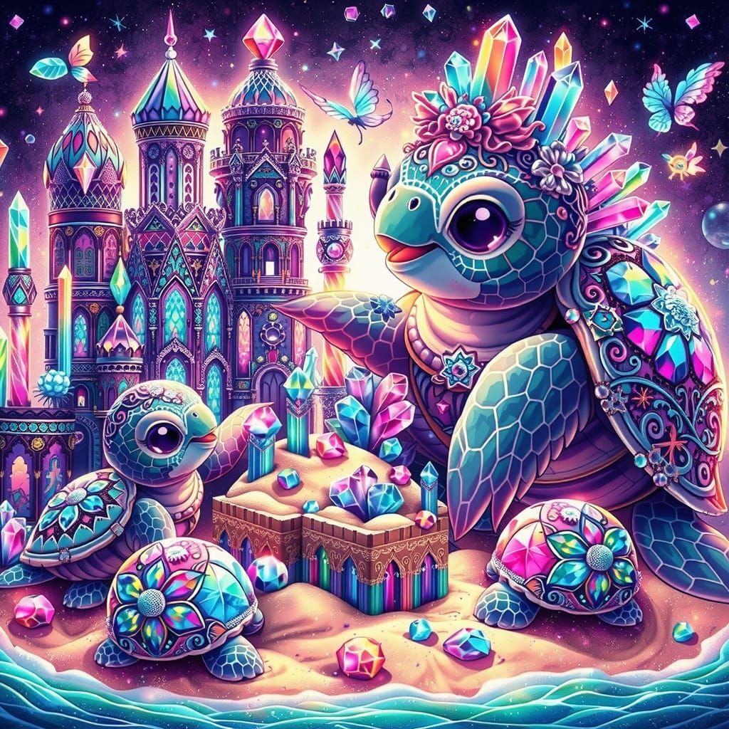 Goth Punk Sea Turtles Play in Gemstone Sand Castles