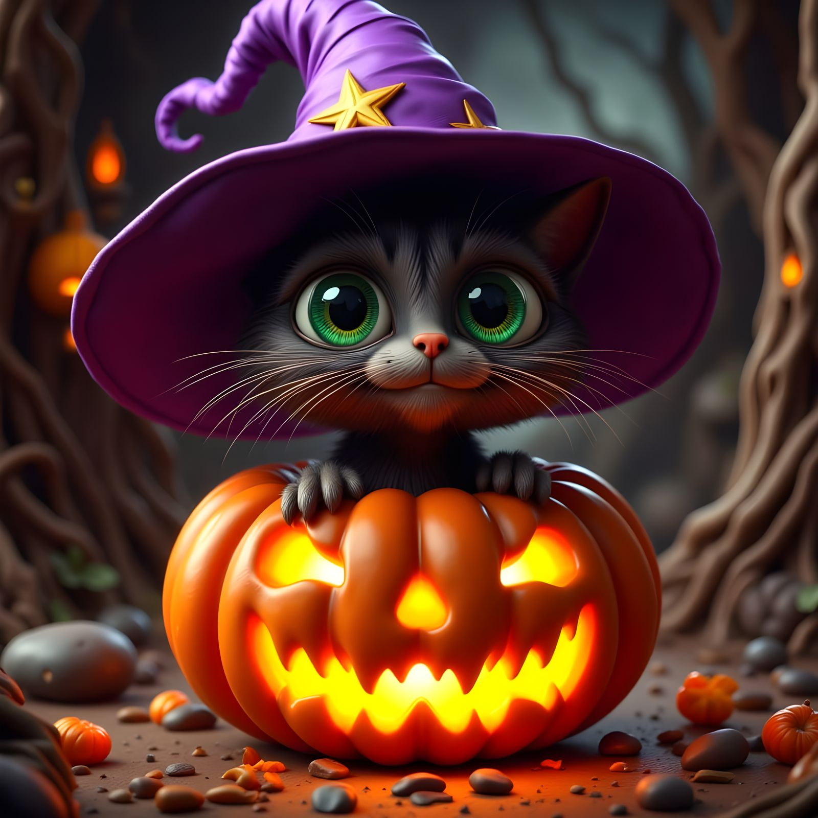 Cute Cat in Witch Hat in Pumpkin CGI