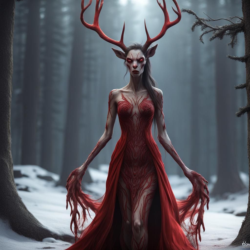 Female Wendigo in Long Red Dress, Detailed Matte Painting