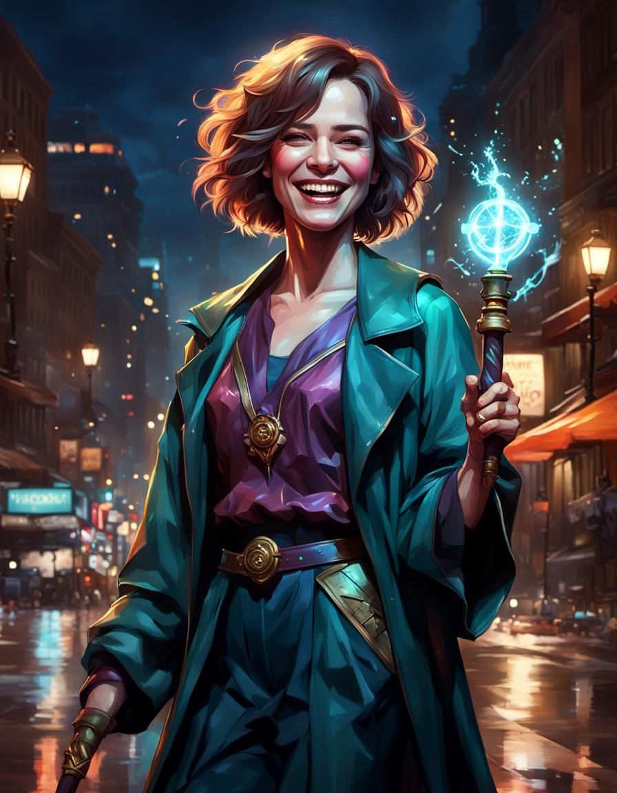 Woman with Magic Staff in City, Hyperdetailed Art