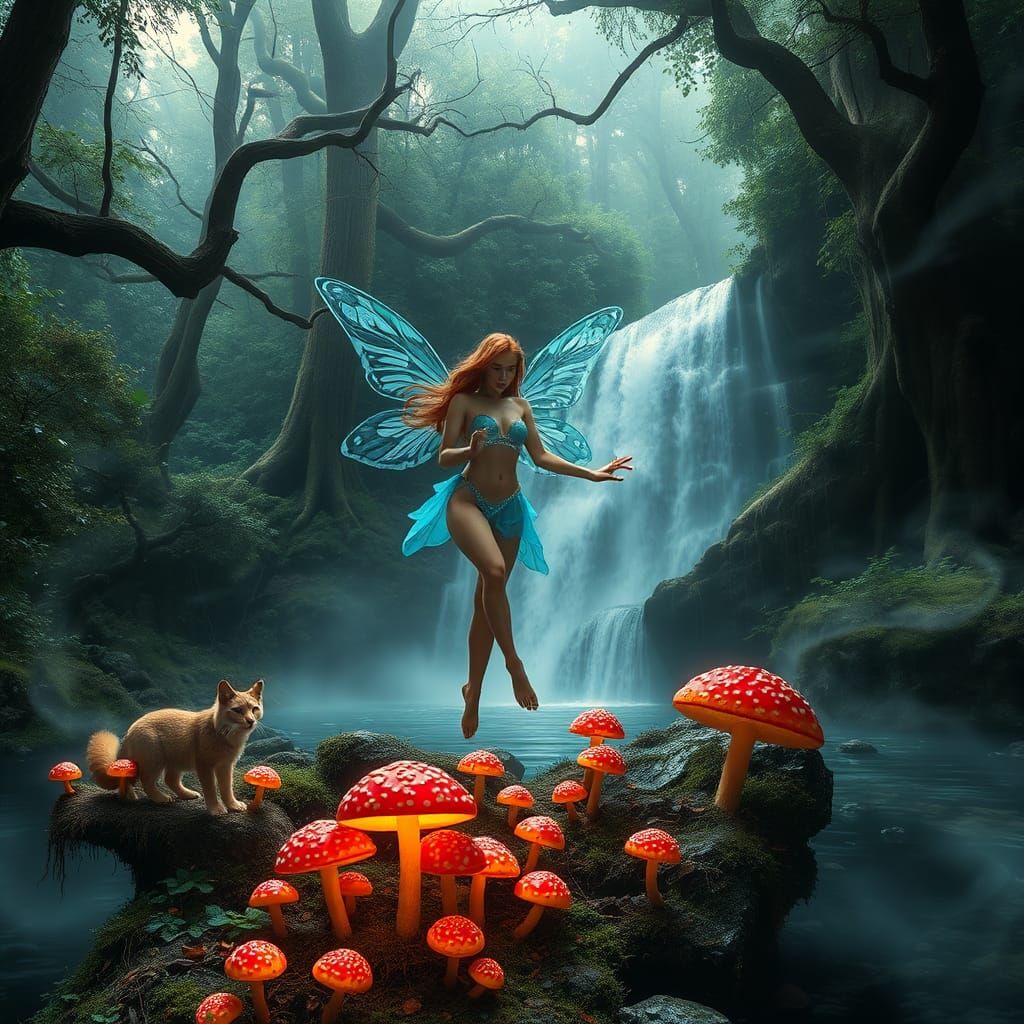 Mystical Forest Fairy with Lynx in Fantasy Style