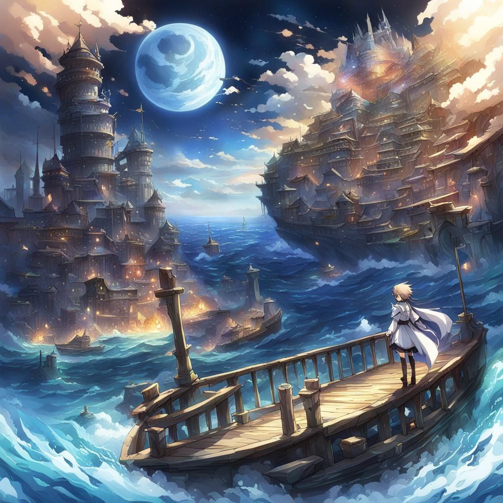 Surreal Ocean Scene in Anime Style