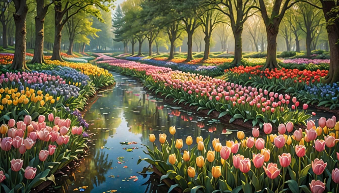 Hyperrealistic Stream with Tulips in Fantasy Art Style