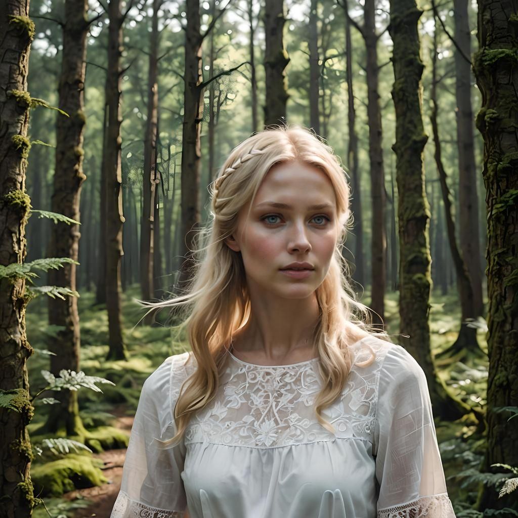 Nordic Woman in Forest: Photorealistic Close-Up