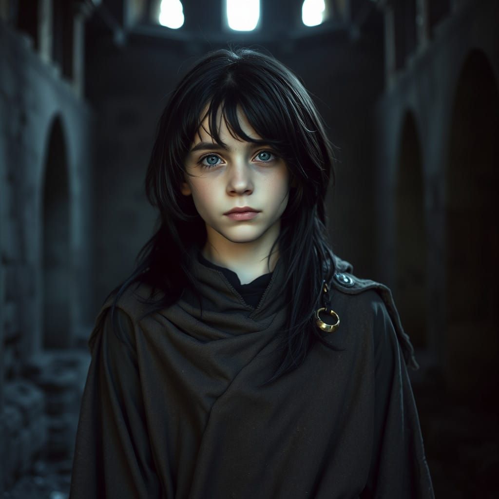 Medieval Cupbearer Boy in Ruined Castle Hall