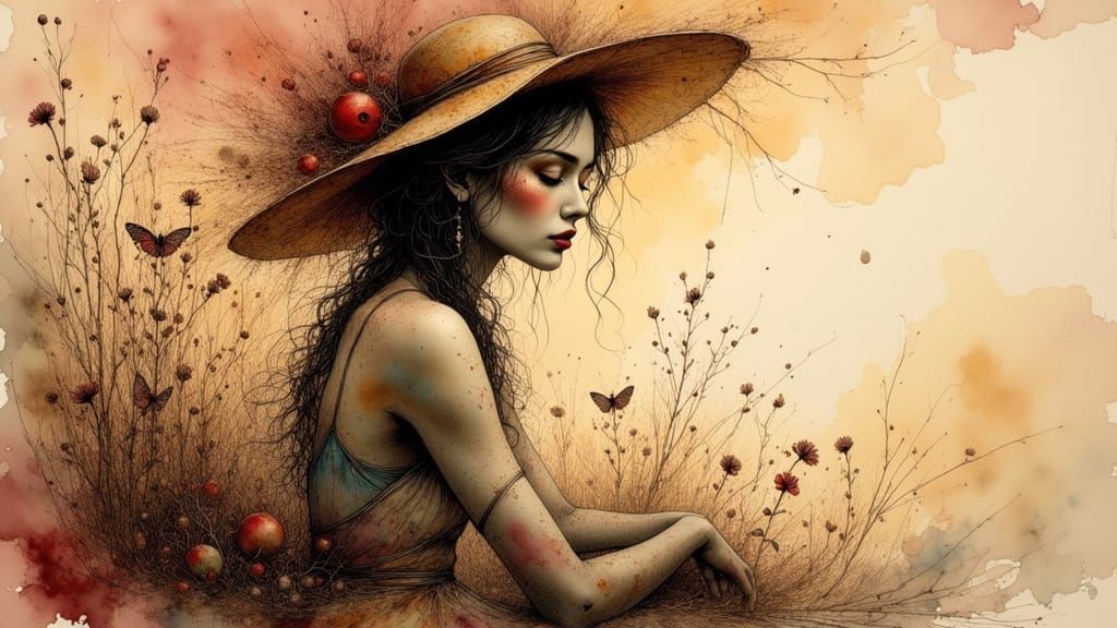 Melancholic Woman in Warm Golden Light, Gouache and Watercol...