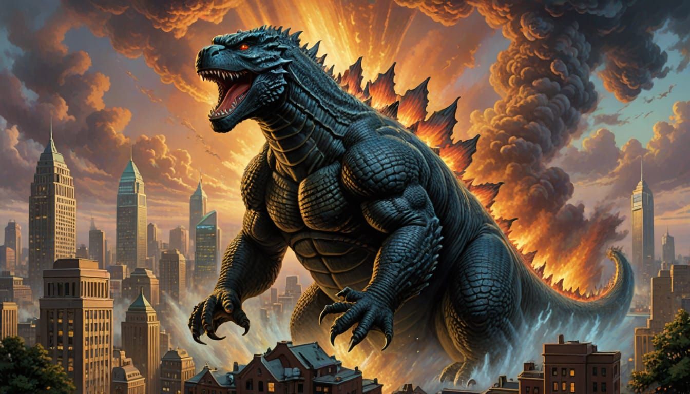 Godzilla in the Style of Thomas Kinkade