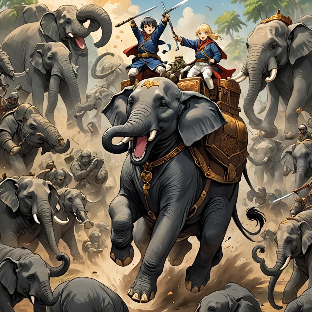 Labrador Retriever Leads Elephant into Battle: Anime Style