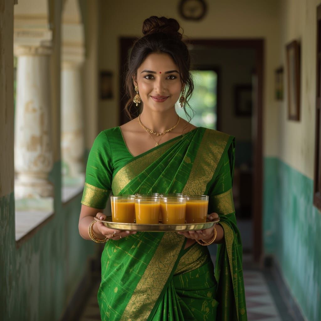Woman in Green Saree with Masala Chai