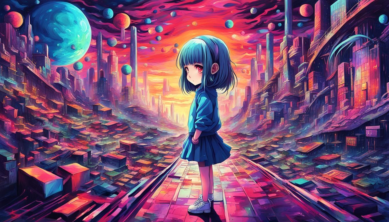 Surreal Anime Girl in Trippy Techno Scene