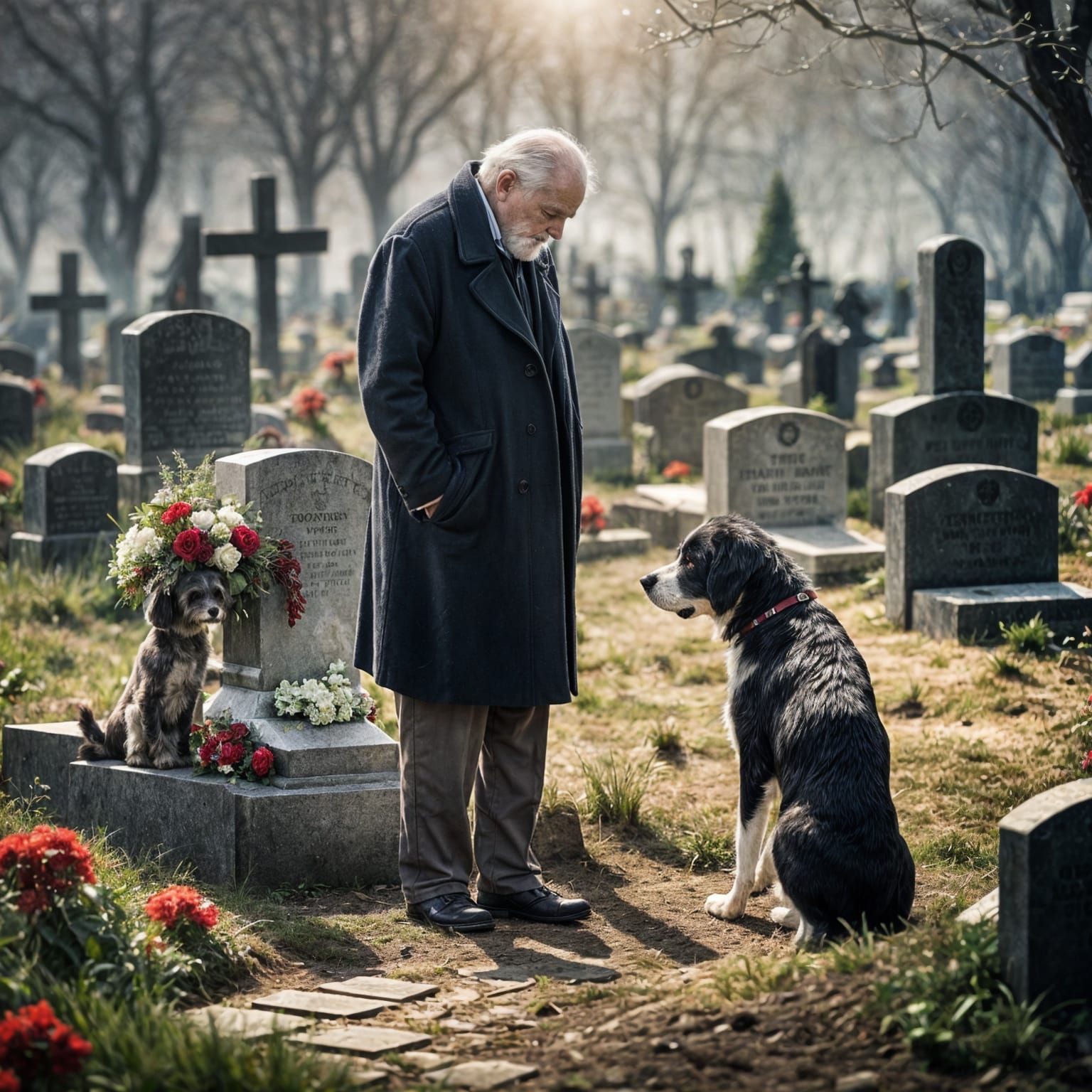 Grieving Man Comforted by Dog at Graveside