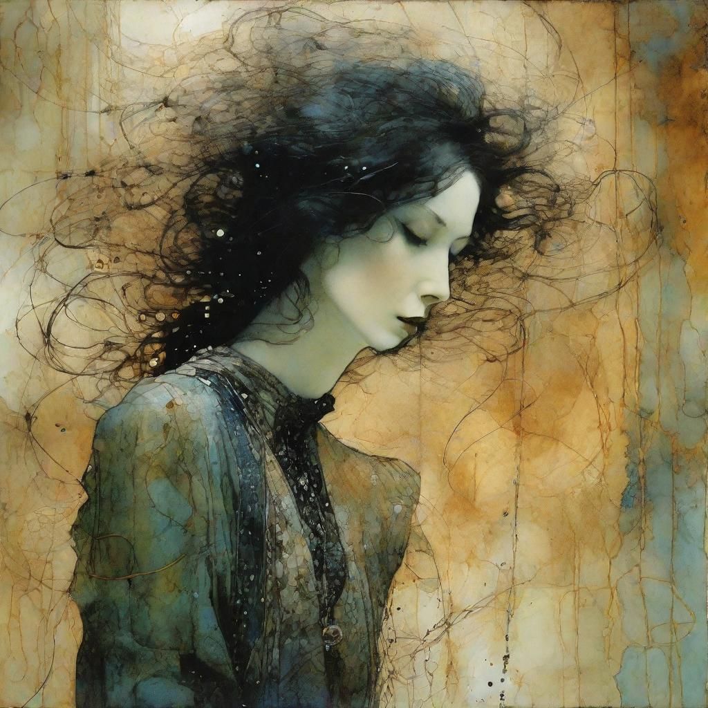 Whimsical Particle Lady in Dark Watercolor Style