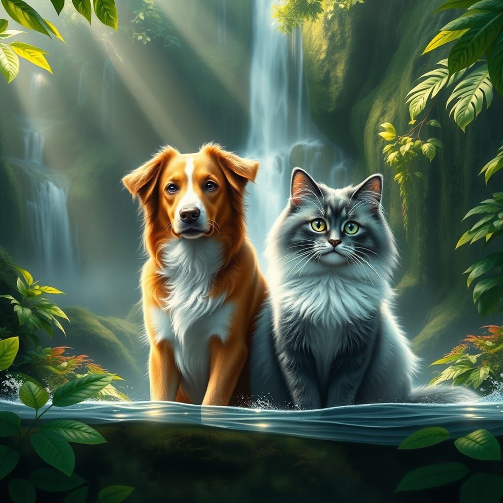 Border Collie & Ragdoll Cat in Rainforest Waterfall