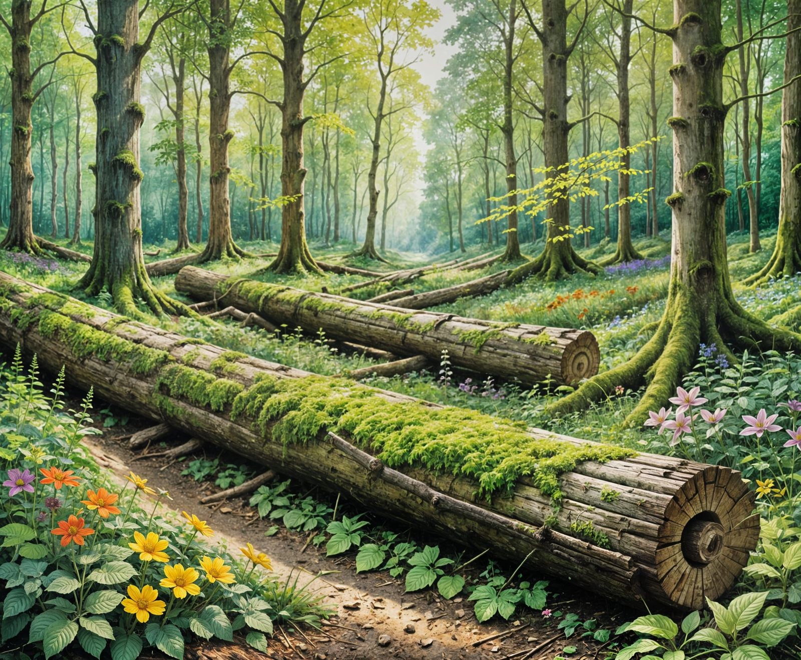 Lush Green Forest with Flower Meadow in Watercolour Style