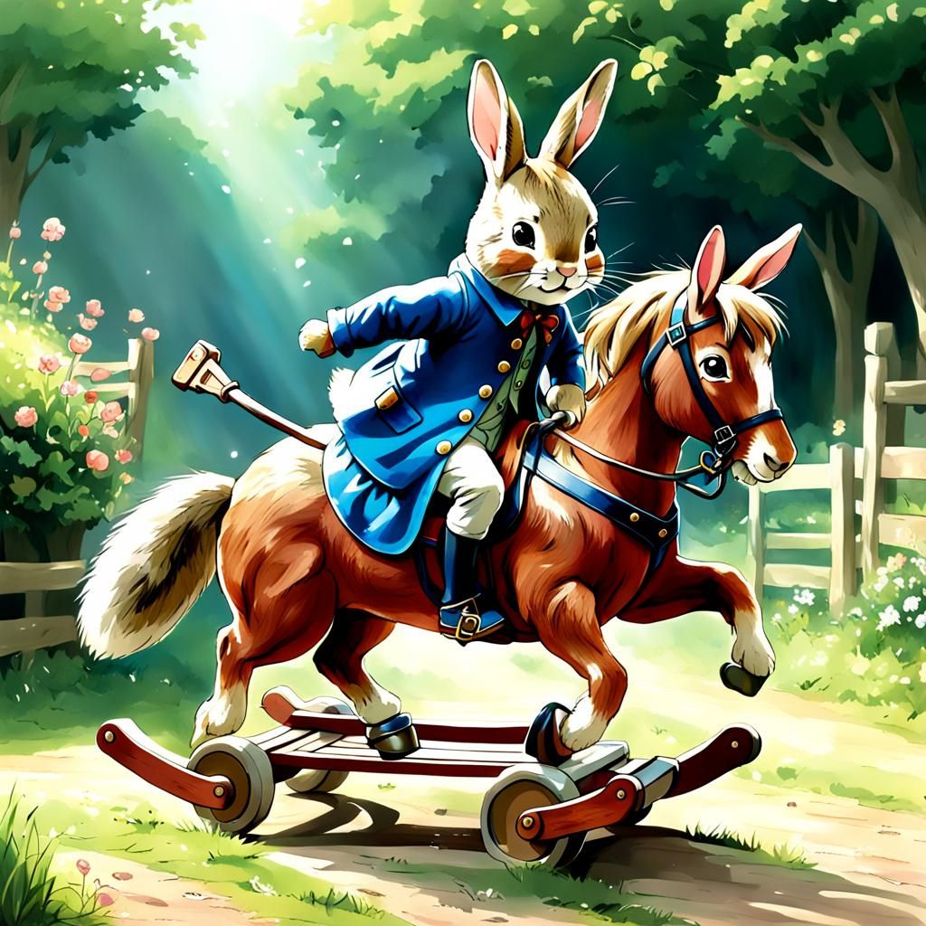 Peter Rabbit on Rocking Horse in Anime Style