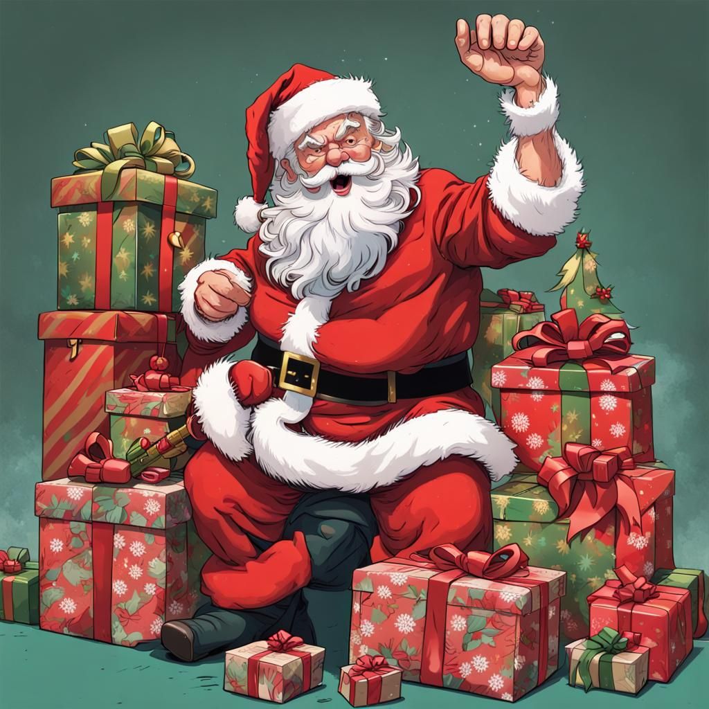 Badass Santa Claus keeping all Christmas presents