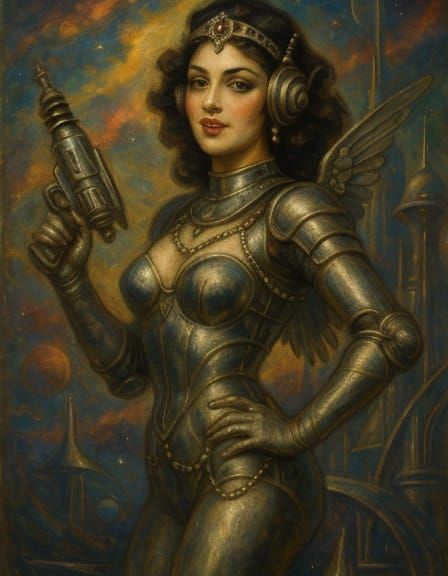 Glamorous Space Pin-Up in Retro-Futuristic Art Nouveau Style