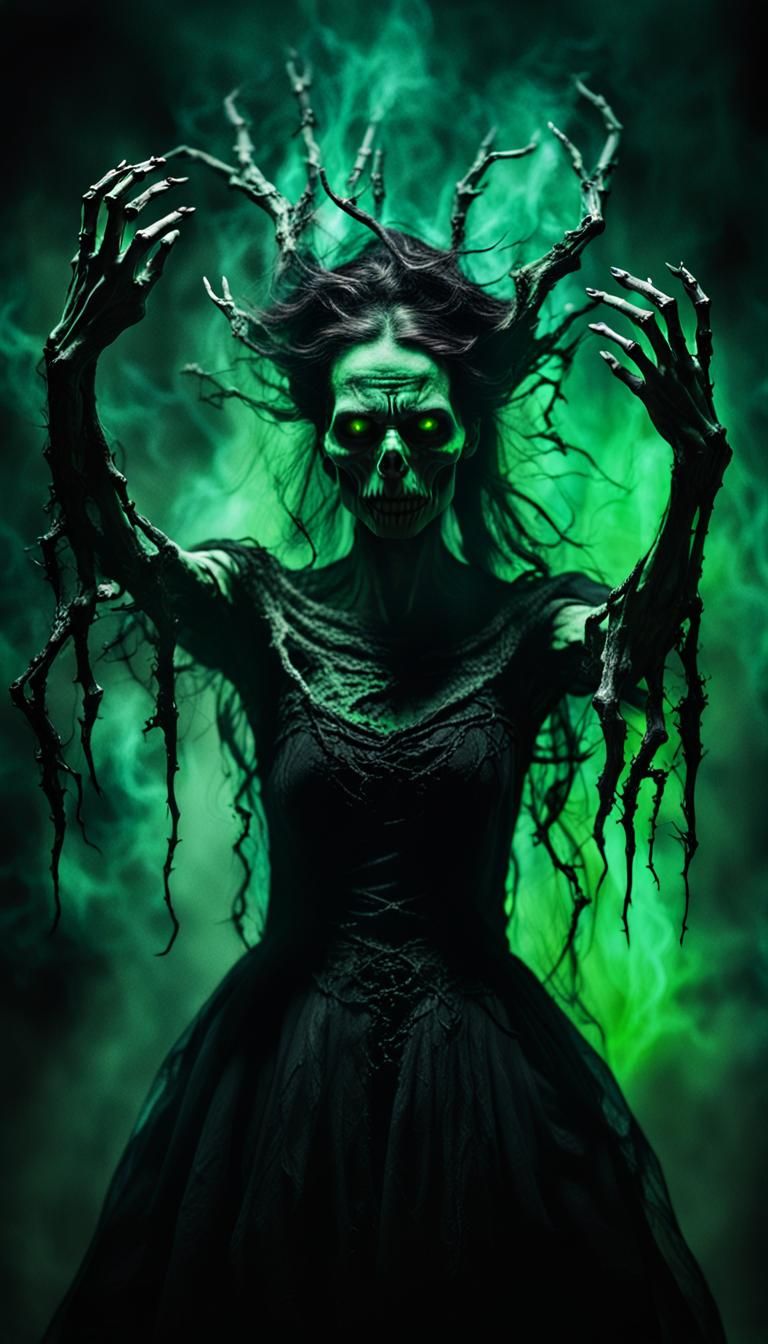 Ghastly Witch Unleashing Curse in Dark Fantasy Portrait