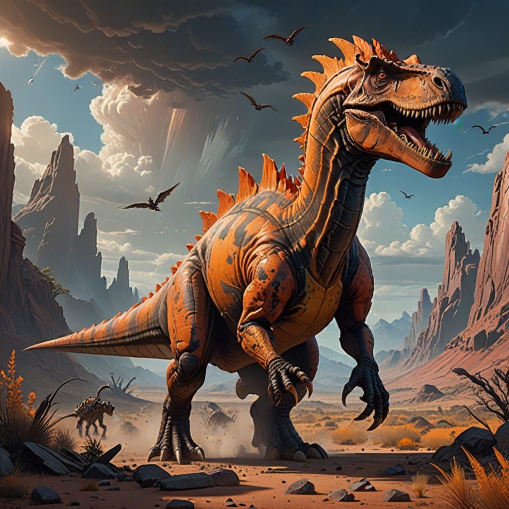 Majestic Flaming Orange Spinosaurus in a Vast Arid Landscape
