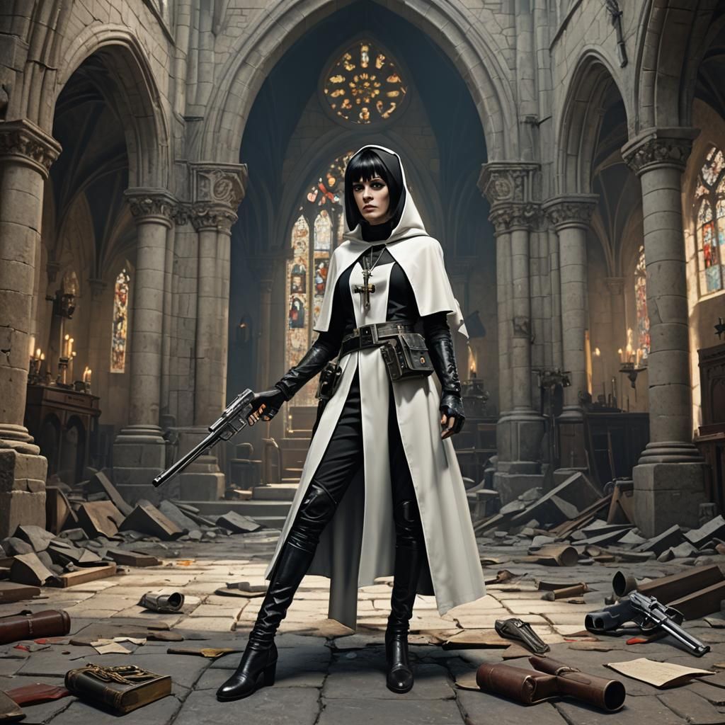 Nun with Revolvers: Detailed Matte Painting