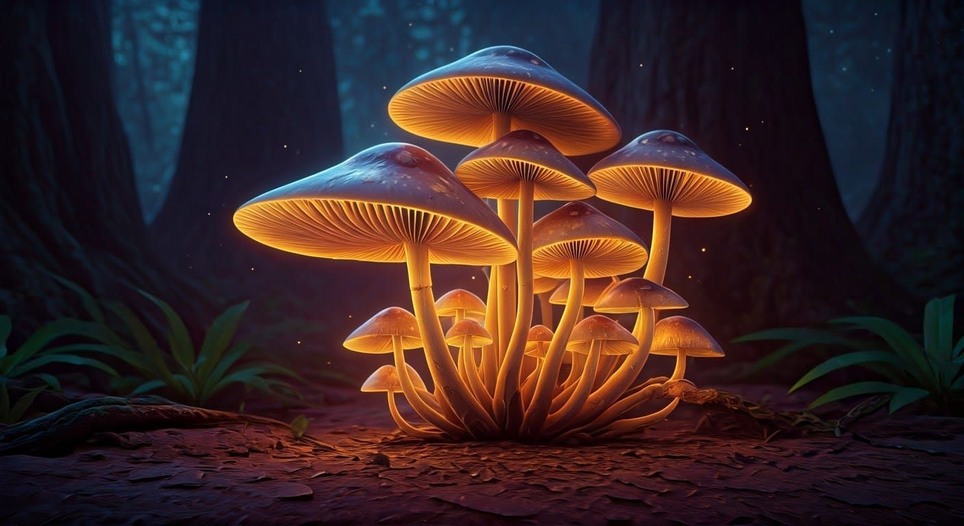 Whimsical Bioluminescent Mushrooms in Dark Fantasy Art