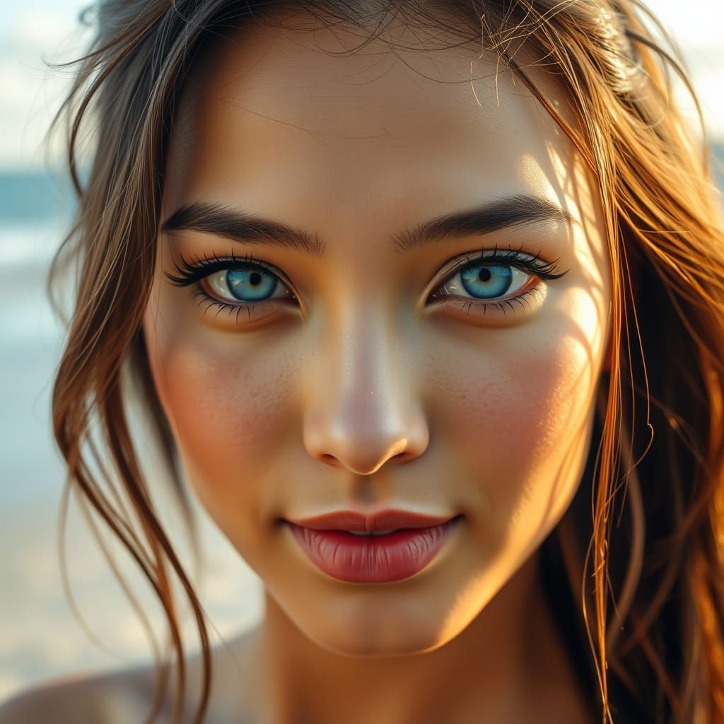 Enchanting Filipino Woman with Blue Eyes on Beach