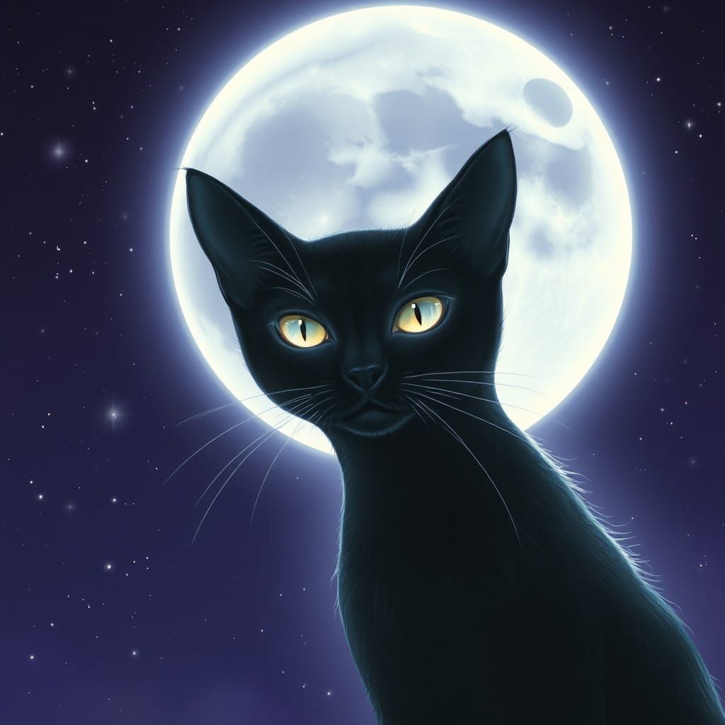 Ethereal White Moon Illuminates Mystical Black Cat in Cosmic...