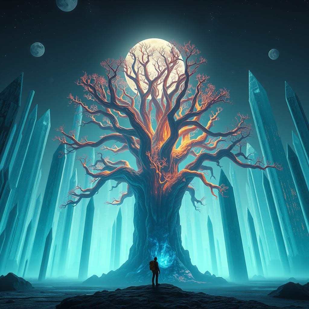 Explorer in Alien Forest with Crystalline Tree