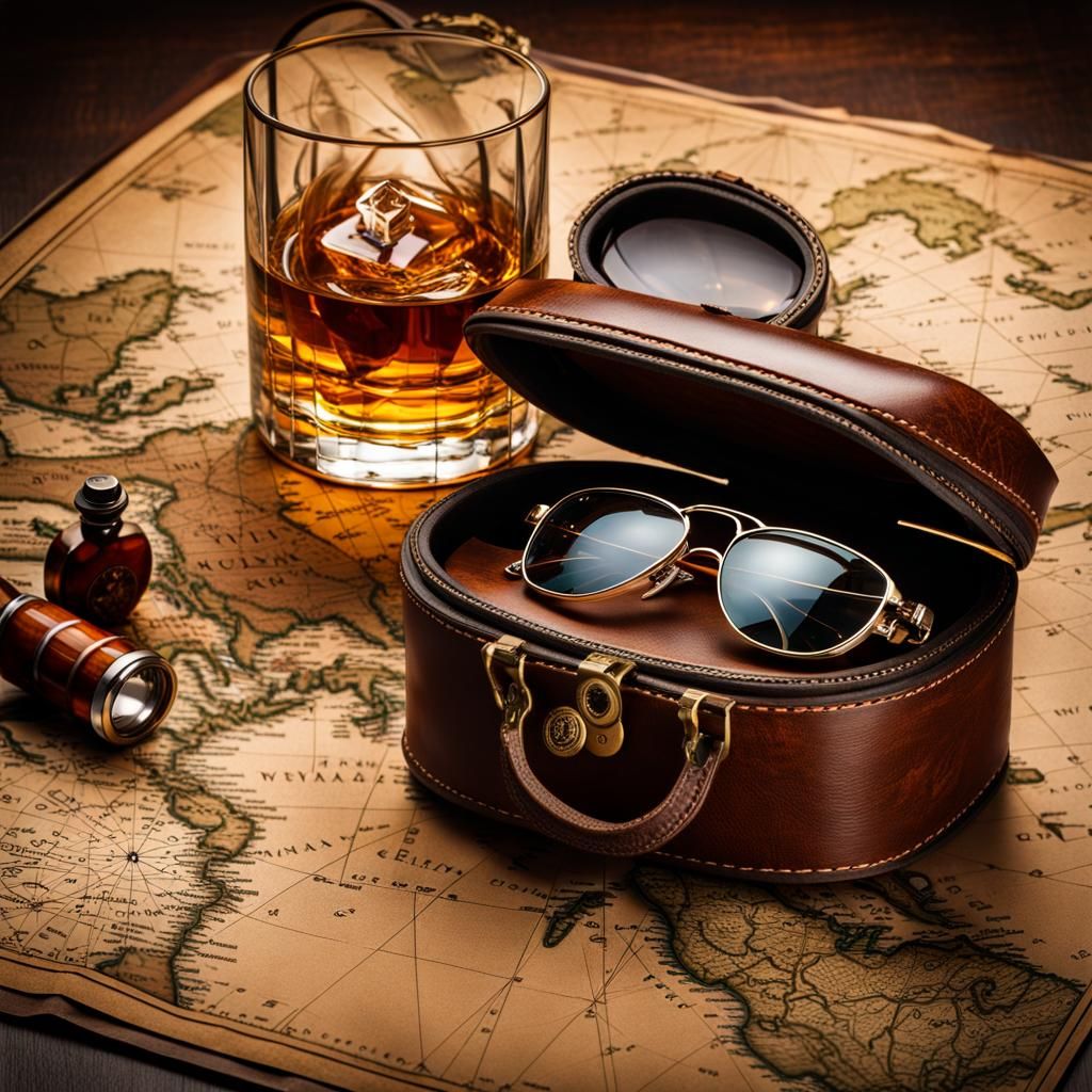Antique World Map with Whisky and Sunglasses