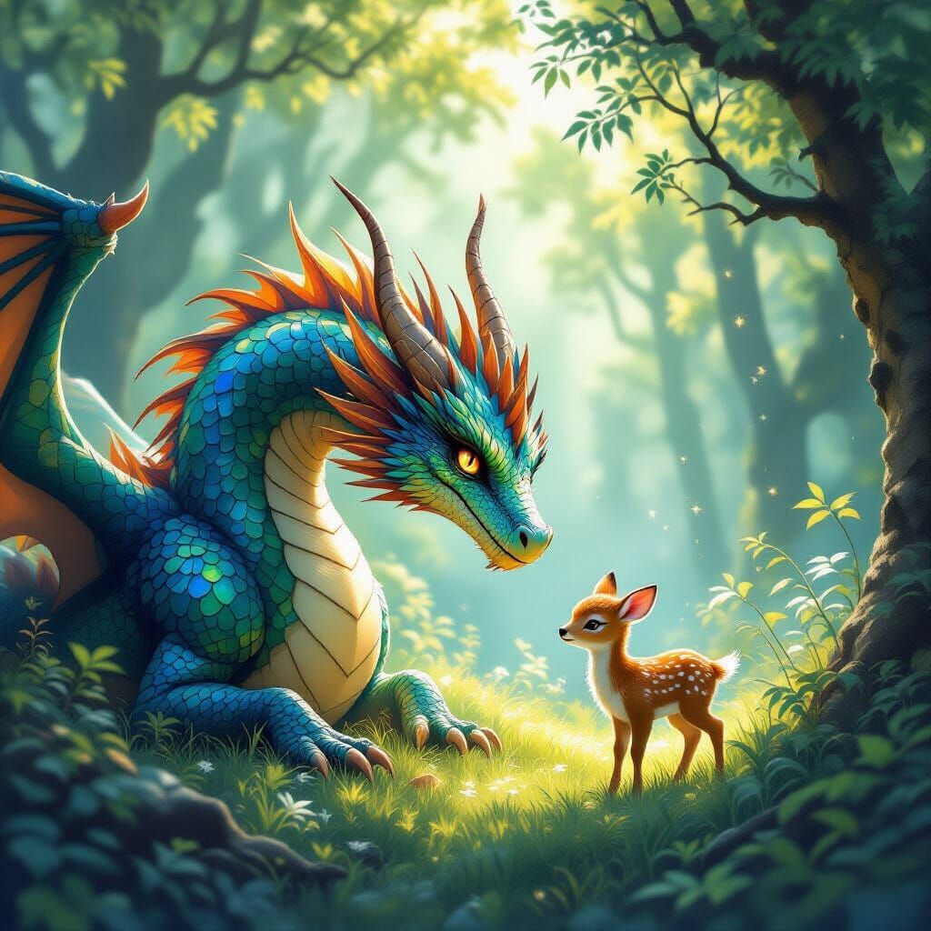 Ancient Dragon Guides Fawn Home in Mystical Forest