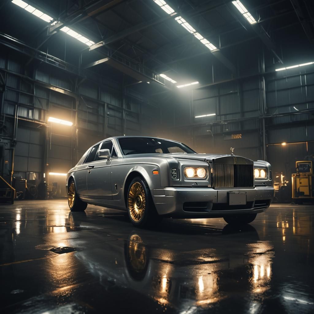 Rolls-Royce in Cyberpunk Neon-Noir Hangar