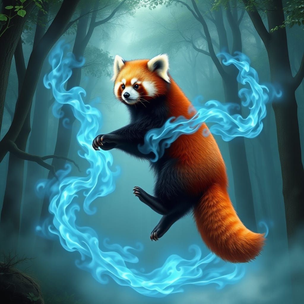 Majestic Red Panda Soars Through Ice Blue Flames in Whimsica...