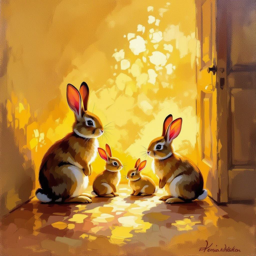 Impressionist Rabbit Family in Golden Room