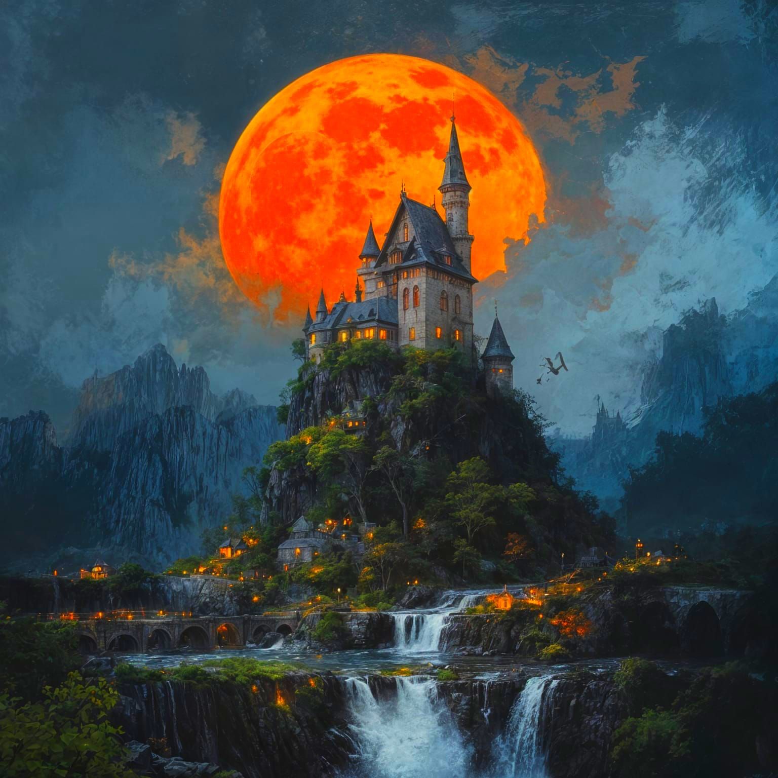 Hand-Painted Castle Under Orange Moon at Night