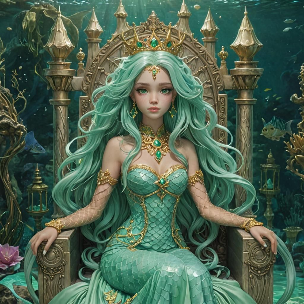 Mermaid Queen on Bioluminescent Underwater Throne